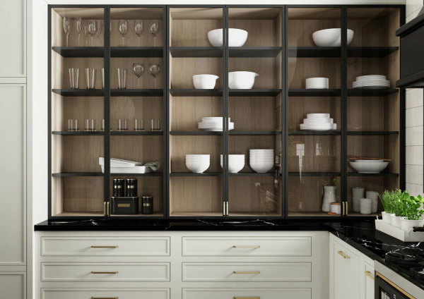 Kabinet Dapur dengan Pintu Kaca Berbingkai Logam